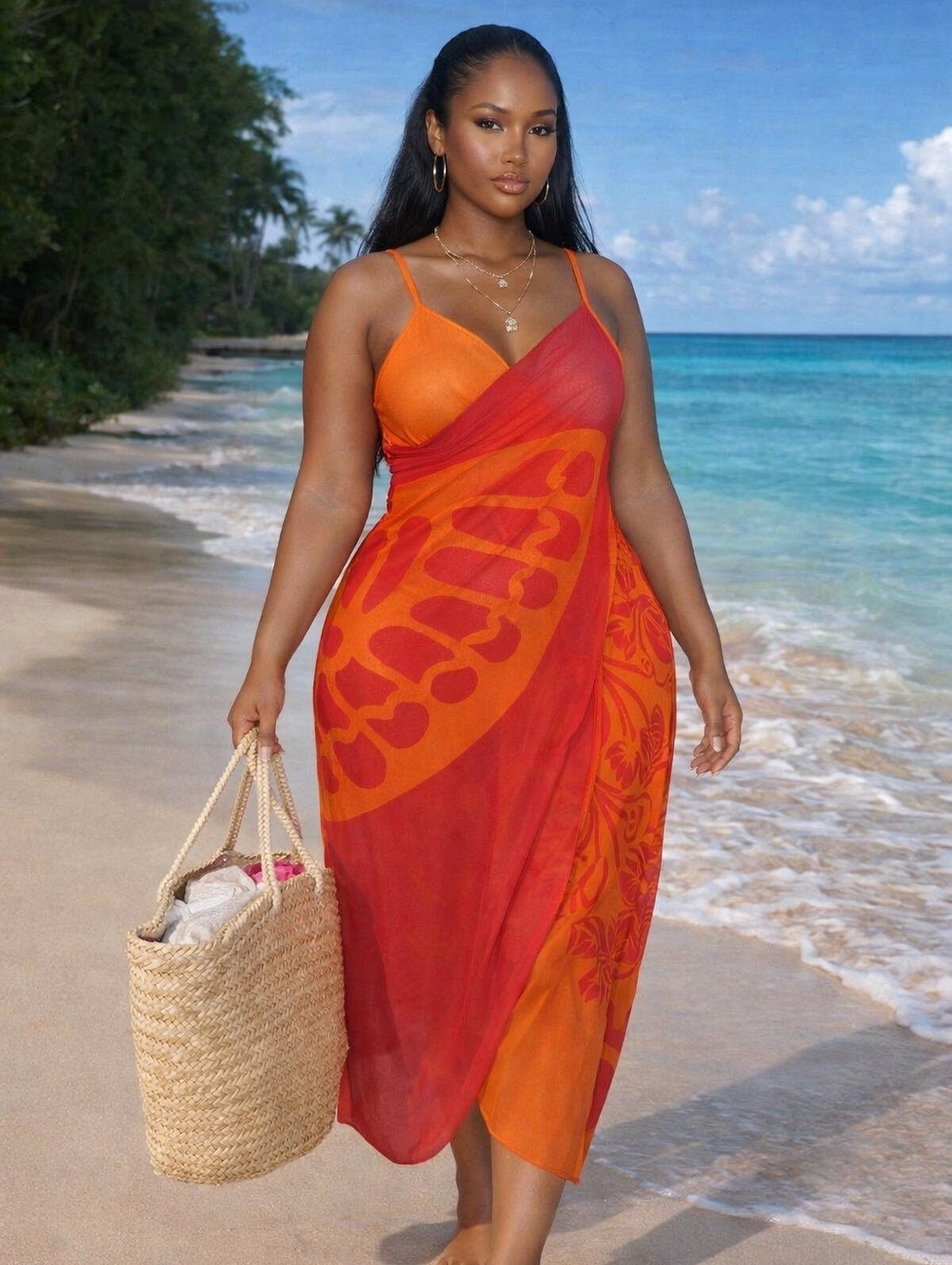 S-XL Sheer Orange & Red Beach Cover-Up Slip Dress